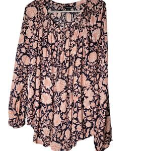 Lucky Brand Floral Peasant Blouse Size L Boho Flowy Romantic Viscose Cottagecore